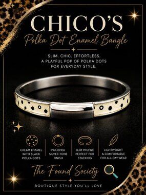 Chico's NWT Cream & Black Polka Dot Slim Enamel Bangle Bracelet